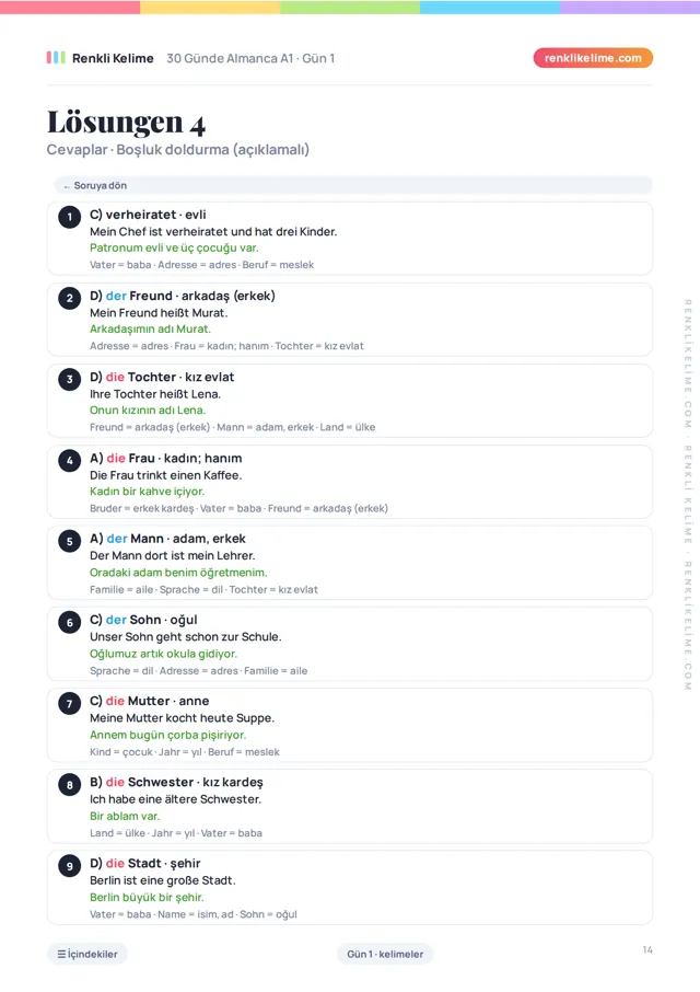 Açıklamalı cevaplar sayfası örneği