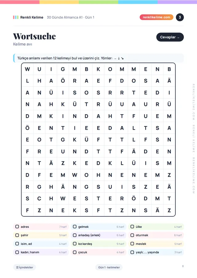 Kelime avı sayfası örneği